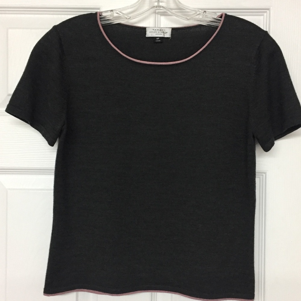 Tahari Charcoal Gray Pink Trim Wool Blend Short Sleeve Sweater Sz 4P